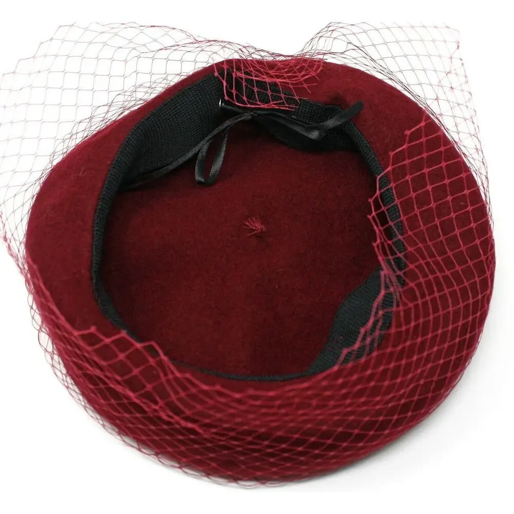 Burgundy Wool Felt Beret w Veil Netting Church Party Retro Style Hat - Hey Viv